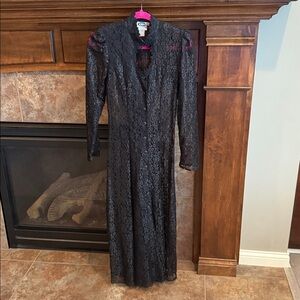 vintage black lace sheer button dark romantic whimsigoth witchy long dress S